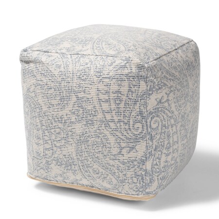 Baxton Studio Juvita Ivory and Blue Handwoven Cotton Paisley Pouf Ottoman 158-9705